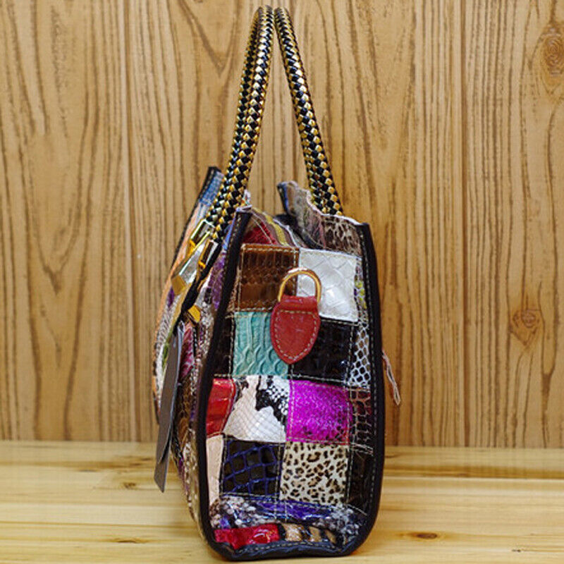 Women's Genuine Leather Snake Blocks Colorful Handbag Shoulder Satchel Tote Bag