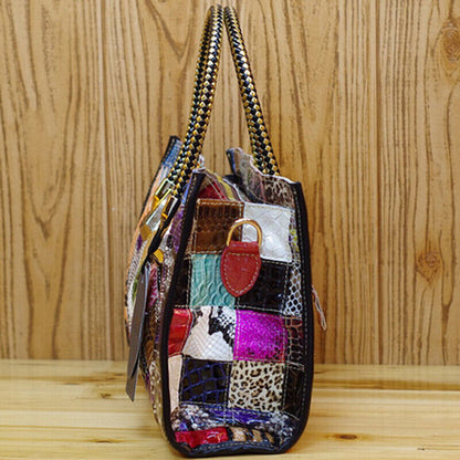Women's Genuine Leather Snake Blocks Colorful Handbag Shoulder Satchel Tote Bag