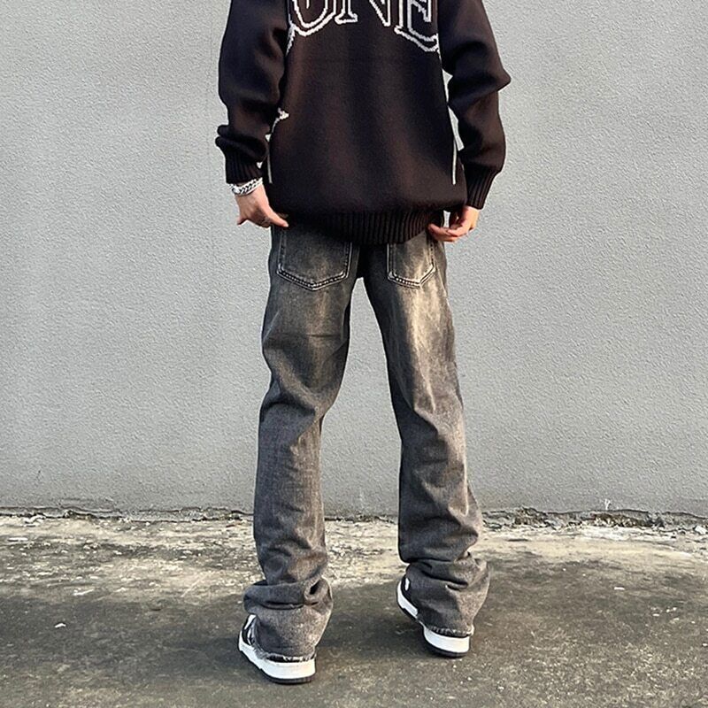 Men Patchwork Embroidery Casual Denim Pants Elastic Waist Baggy Jeans Trousers