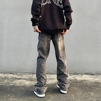 Men Patchwork Embroidery Casual Denim Pants Elastic Waist Baggy Jeans Trousers
