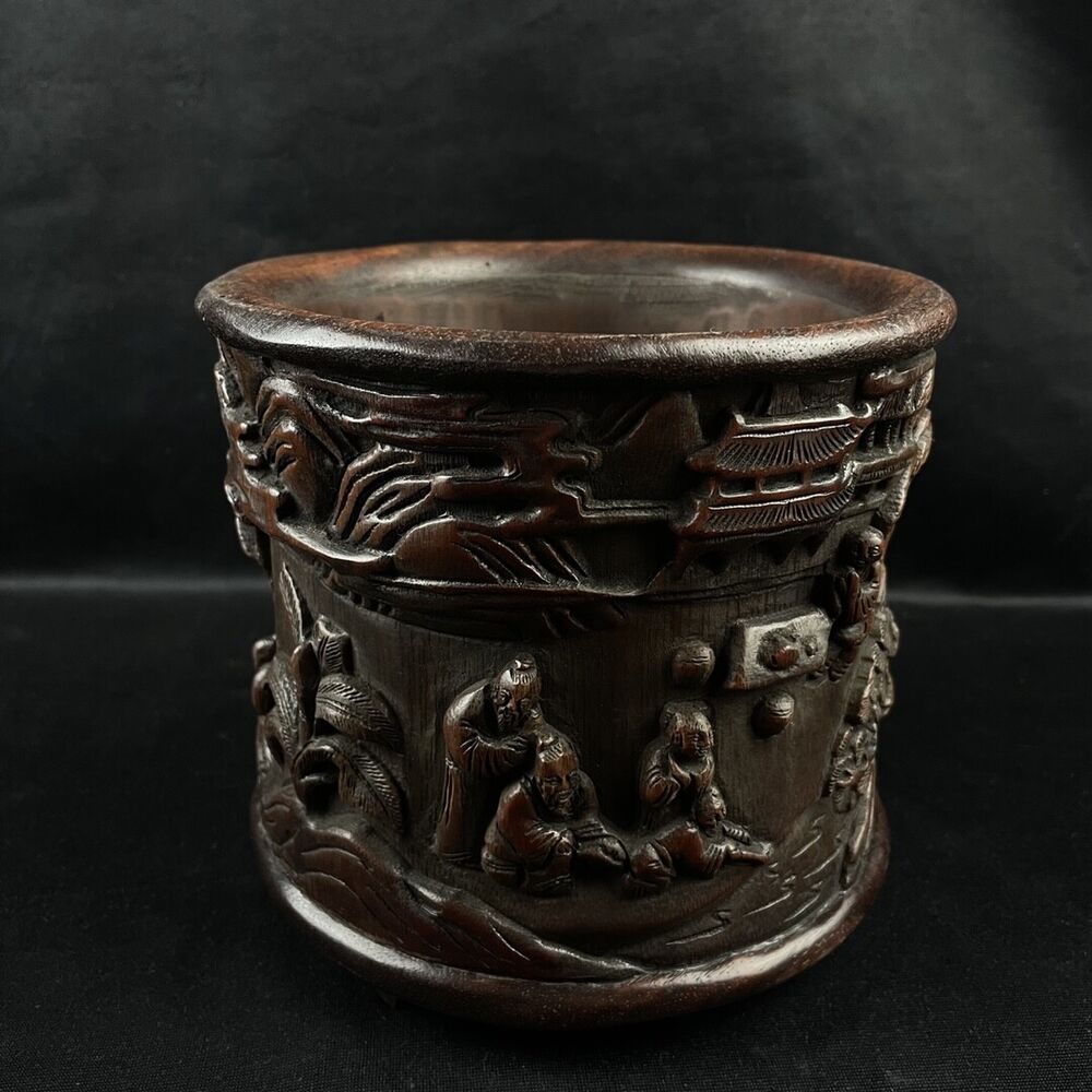 chinese bamboo carving antique carved brush pot Figurines wood statue pine money