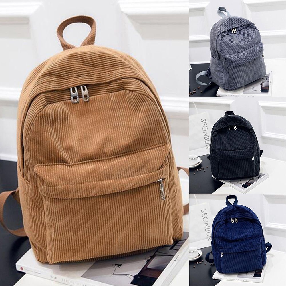 Corduroy Backpack School Travelling Shoulder Bag Softback Cotton Blue 25*12*36CM
