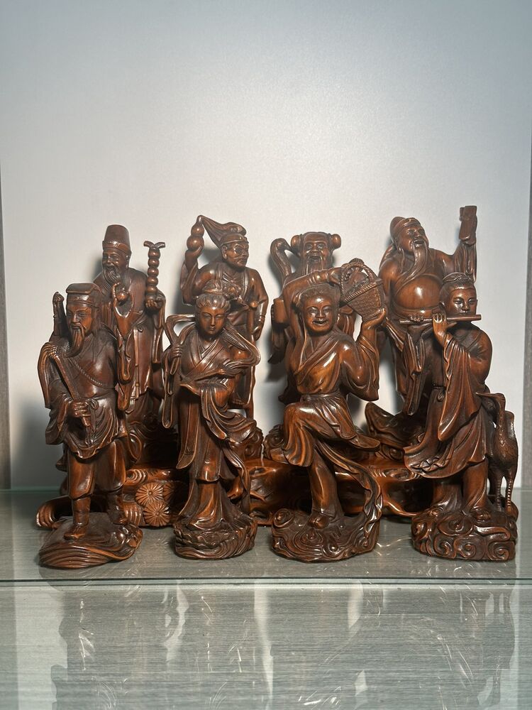 Chinese Wood Carved Boxwood Eight Immortals Statue Sculptures Home Decor Artwork