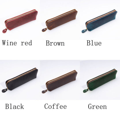 Handmade Cowhide Leather Vintage Zipper Pen Pencil Case Stationery Storage Bag