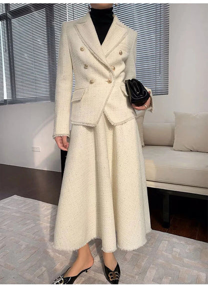 Beige Jacket + Skirt Set Set Women's Suit 2-Piece Set