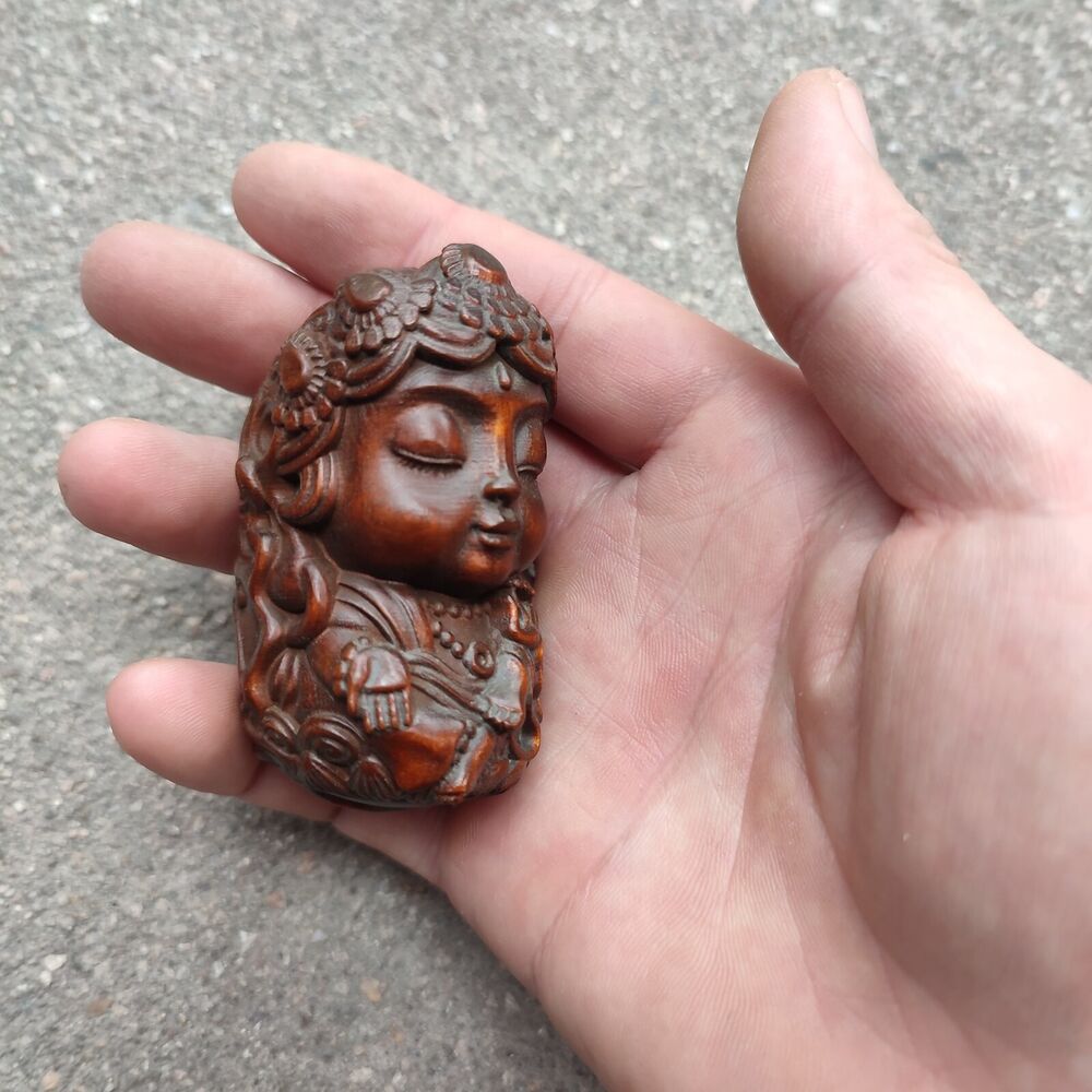 Vintage Wooden Ornaments Boxwood Carving Baby Buddha Statue Figurine Lotu Flower