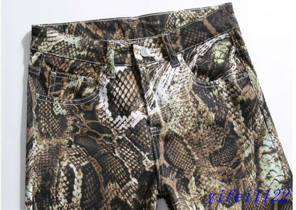 Europe Mens Slim Fit Pants Snake skin Print straight Trousers Night Clubwear New