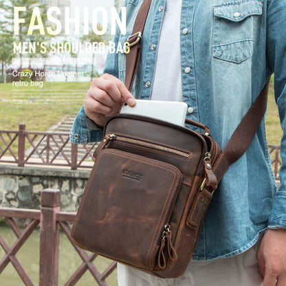 Men's Crazy Horse Cow Leather Vintage 8inch Messenger/Shoulder Bag Crossbody Bag