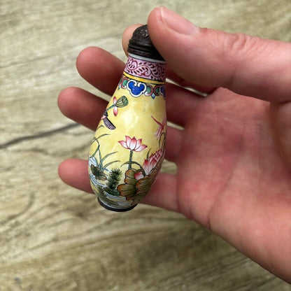 Old Peking Chinese Cloisonne Snuff Bottle Enamel Painted Flower Dragonfly Signed