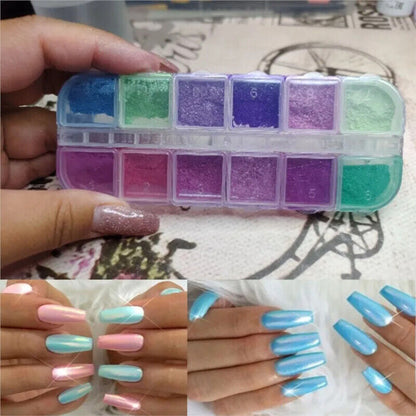 Nail Glitter Polish 12 Grids Colorful Mirror Effect Shimmer Pearl Powder Pigment