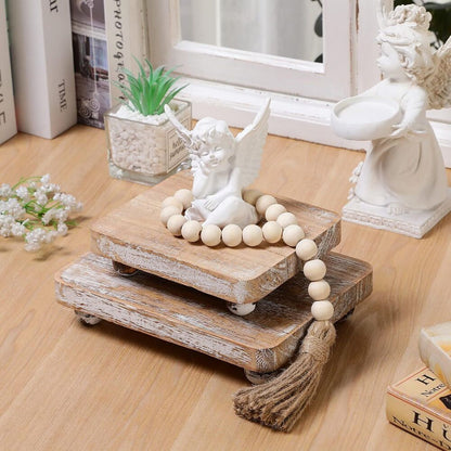 Wood Bead Garland and Wooden Risers Set Farmhouse Vintage Rustic Stand 3 Pieces