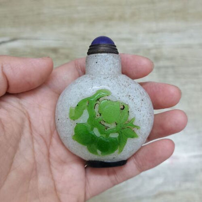 Chinese Old Beijing Glaze Carved Phoenix And Peach Snuff Bottle Collectibles Art