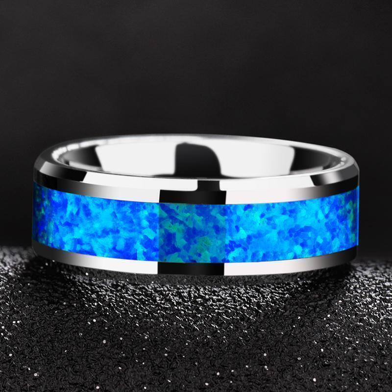 2023 New Luxury 8mm Tungsten Steel Ring Inlaid Blue Opal Wedding Ring Men's Neve