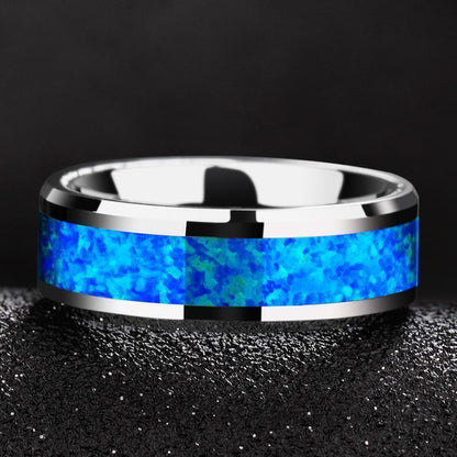 2023 New Luxury 8mm Tungsten Steel Ring Inlaid Blue Opal Wedding Ring Men's Neve