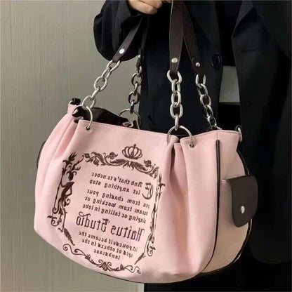 Y2K Vintage Canvas Gothic Style Tote Handbag Embroidery Letter Style Women's Bag