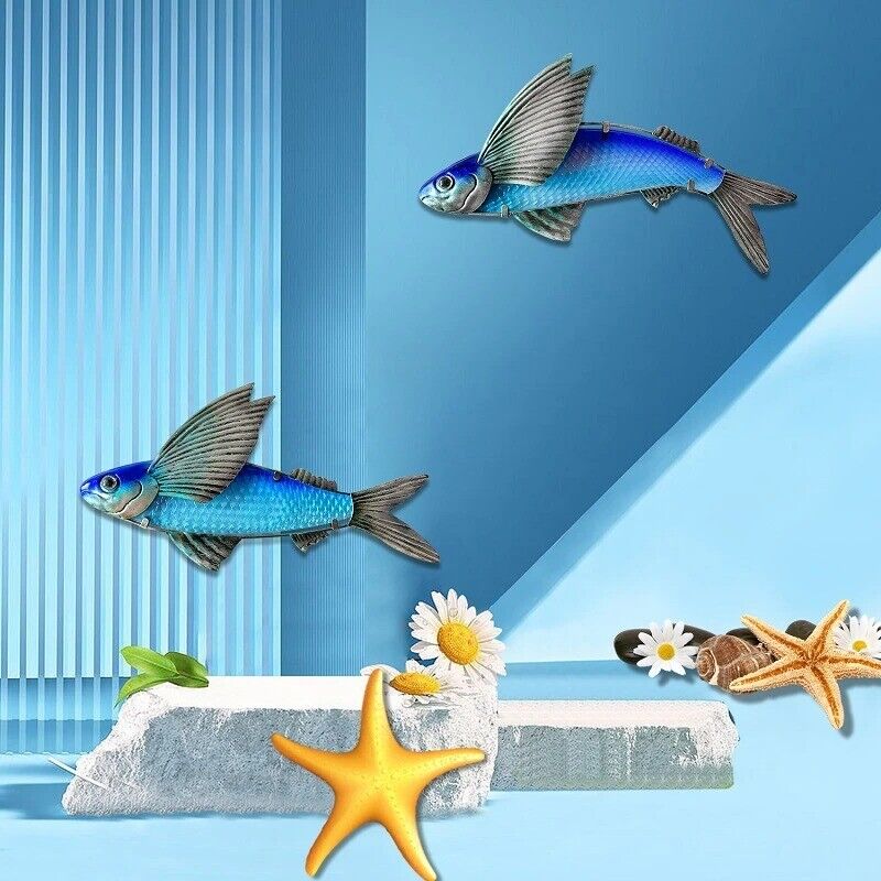 Wall Decor Flying Fish 2Pcs Metal Glass Sculpture Garden Art Hanging 38x2x18.5cm