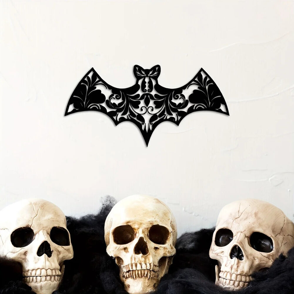 Floral Bat Metal Wall Art, Flower Black Metal Art Sign Decorations