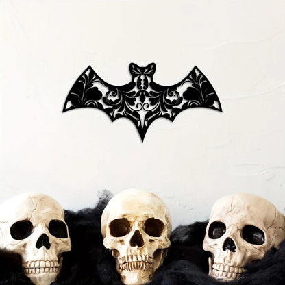 Floral Bat Metal Wall Art, Flower Black Metal Art Sign Decorations