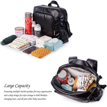 Black Diaper Bag Smooth Nursing Changing Backpack for Newborn Baby 2 Straps