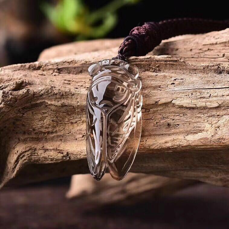 100% Natural Brown Tea Smoky Quartz Crystal Carved Cicada Reiki Pendant Necklace