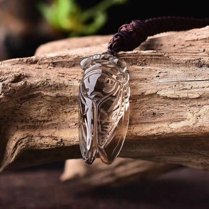 100% Natural Brown Tea Smoky Quartz Crystal Carved Cicada Reiki Pendant Necklace