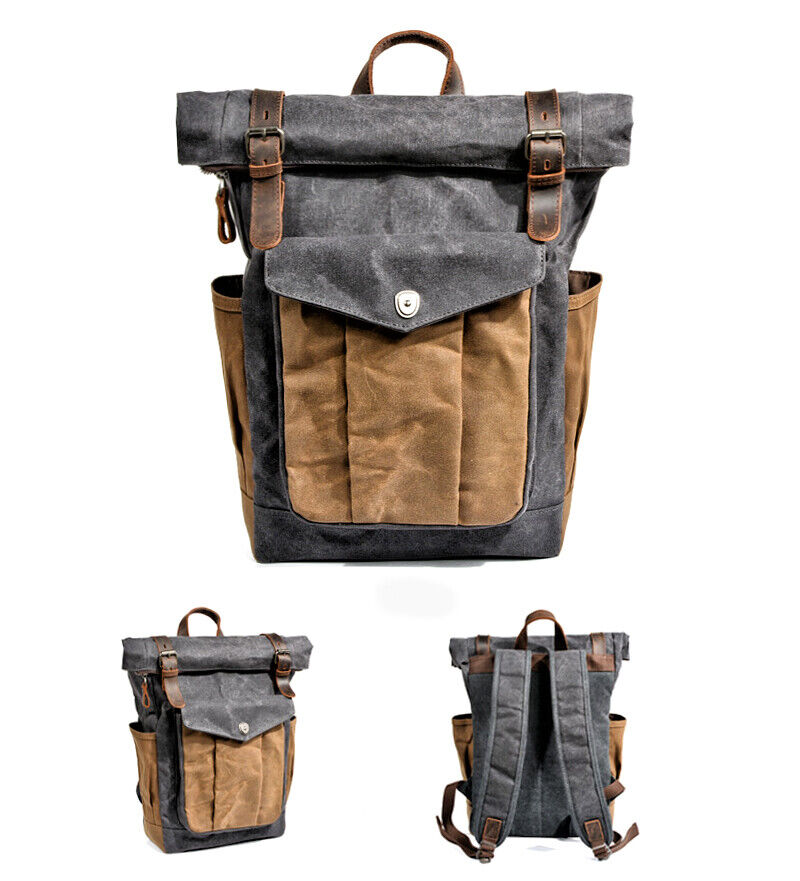 Water Resisant Vintage Waxed Canvas Backpack Fold-Over Satchel Laptop Bag Travel