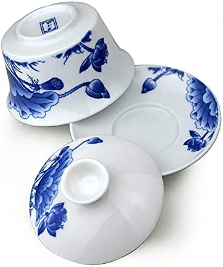 Porcelain Gaiwan 9oz Teacup Blue White Chinese Gongfu Tea Set Lip Cup Saucer