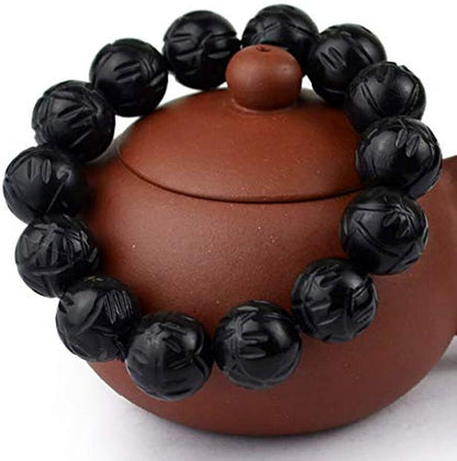 Bracelet Natural Bian Stone Black Beads 16mm Elastic Hand String for Women Men