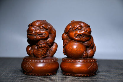 Vintage Chinese Boxwood Carving Exquisite A Pair Beast Statue Figurine Ornaments