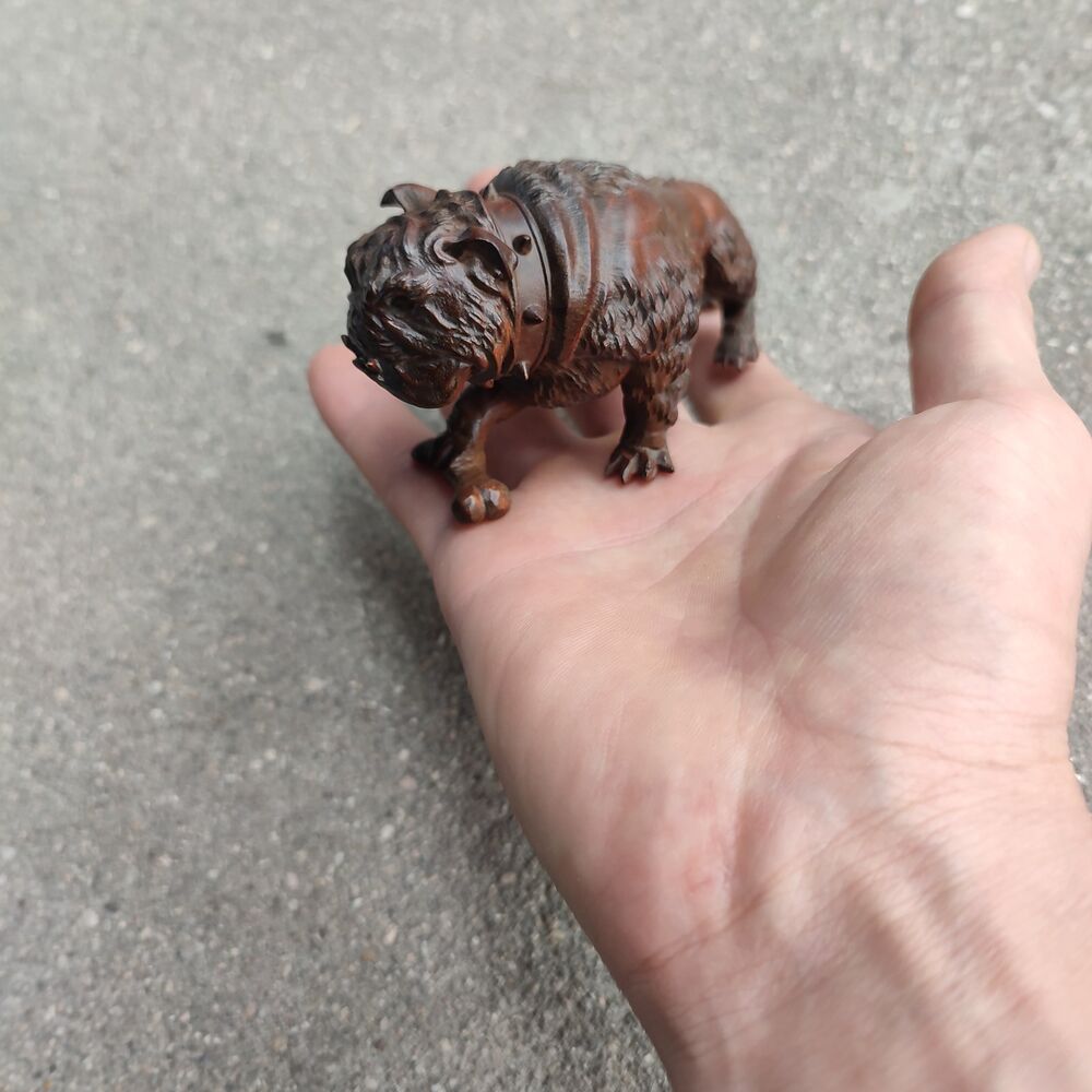 Chinese Boxwood Carving Foo Dog Statue Animal Figurine pet Home Decor Bulldog