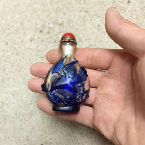 Fine blue Glass Lucky Snuff Bottle carved eagle statue mini colored glaze rare