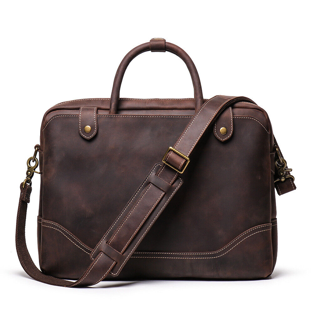 Men's Portable Briefcase Crazy Horse Leather Sling Shoulder Bags for 14" Laptop