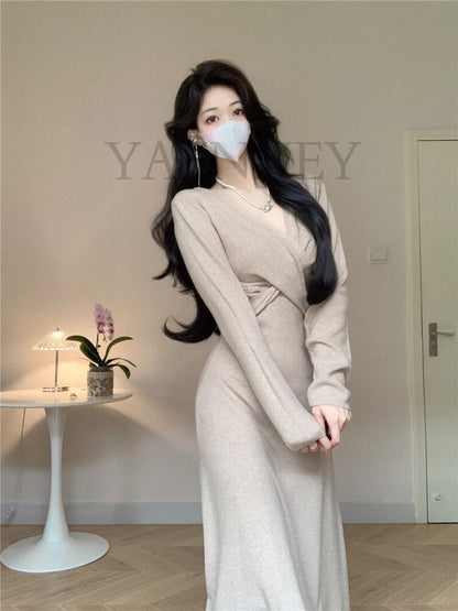 V-neck Sweater Dress Women Party Dresses Female Autumn Winter