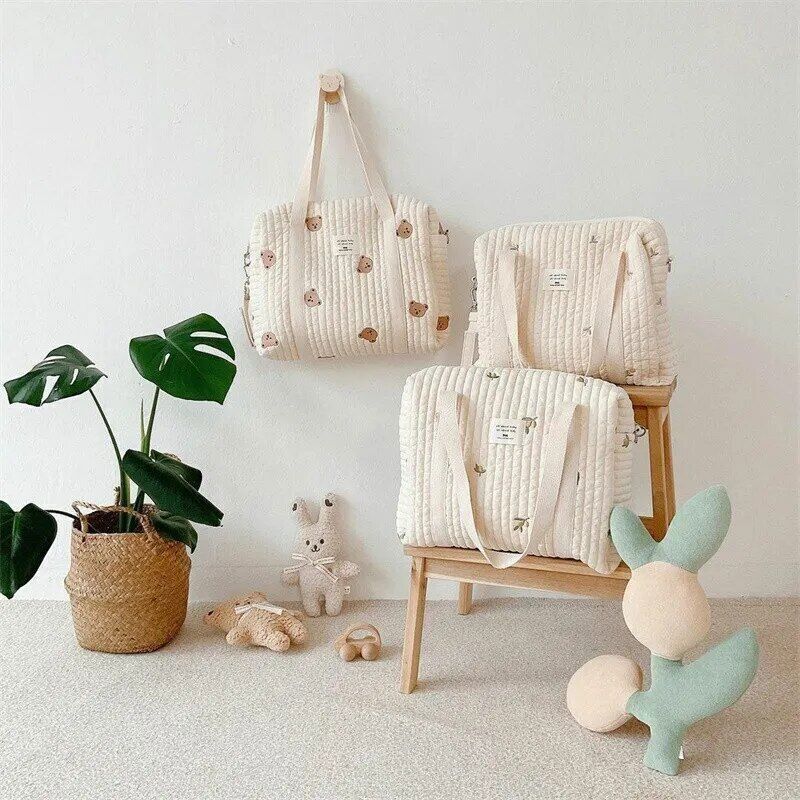 Flower Embroidery Pattern Baby Beige Zipper Diaper Handbag Luggage Bag