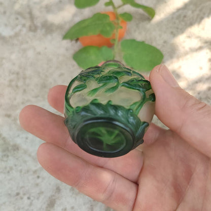 Chinese Old Beijing Carved Exquisite Lotus Flower Snuff Bottle Glass frog statue