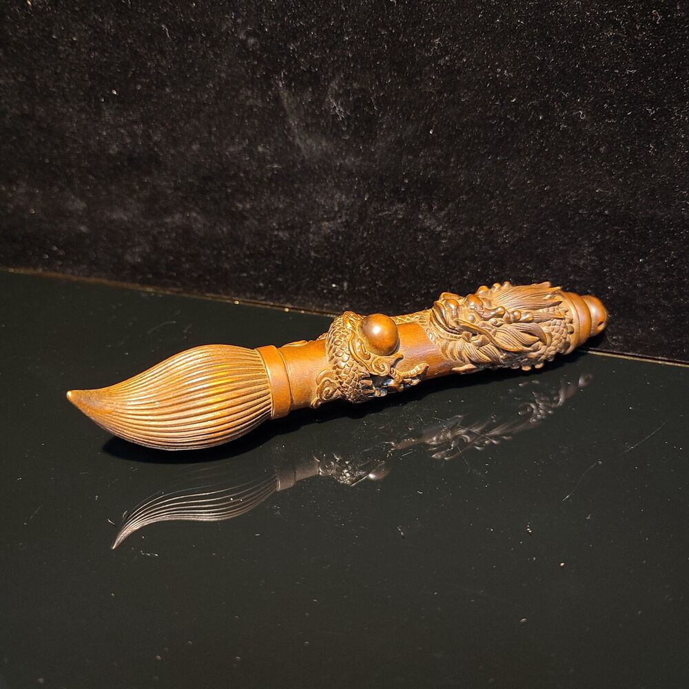 6"Exquisite Chinese writing brush dragon statue Boxwood wooden ornaments carved