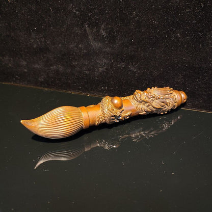 6"Exquisite Chinese writing brush dragon statue Boxwood wooden ornaments carved