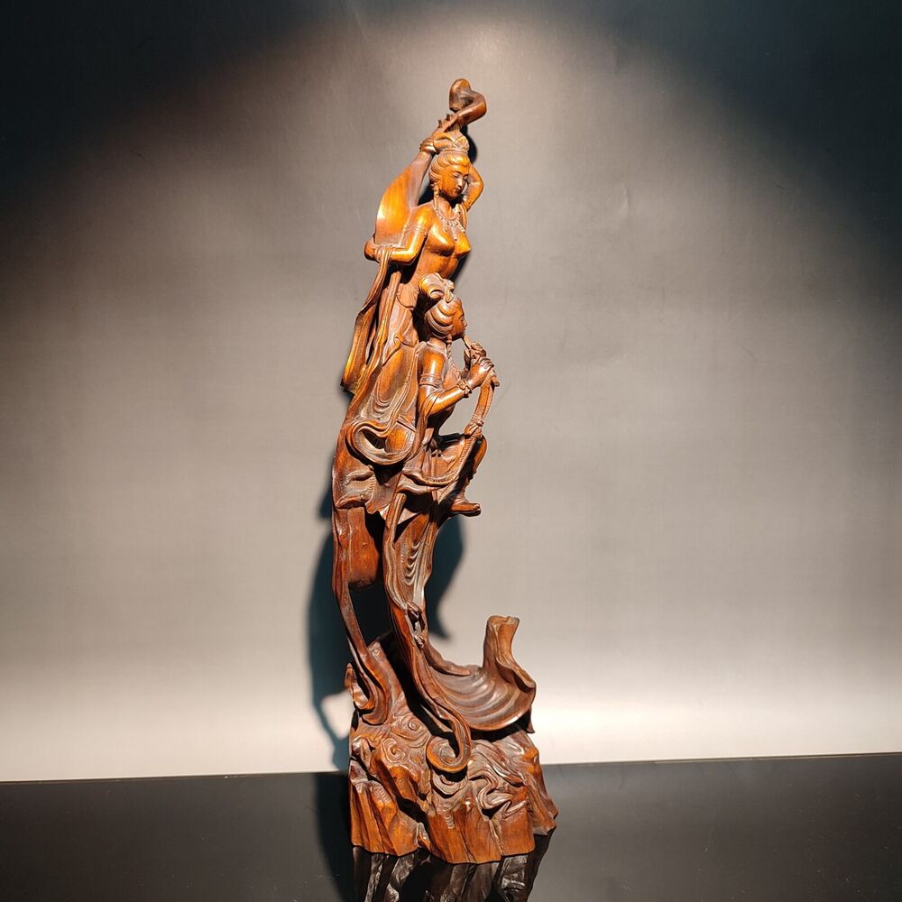 12" vintage wooden ornaments wood carving figure indian statue woman Music dance