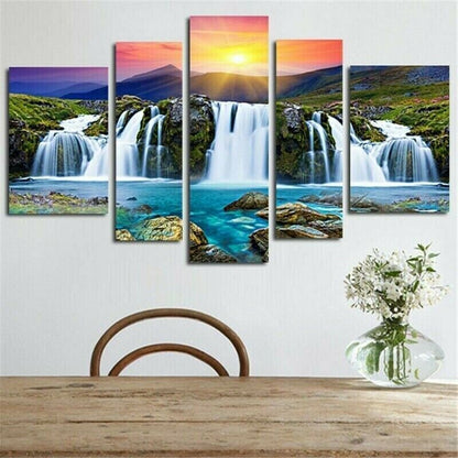 Mountain Waterfall in Sunshine 5 Pieces Canvas Print Wall Art Poster Home Decor