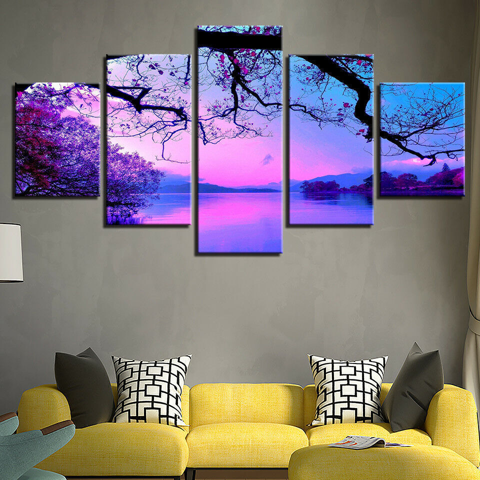 Purple Trees Lake Sunset Nature Landscape Painting 5 Panel Canvas Print Wall Ar