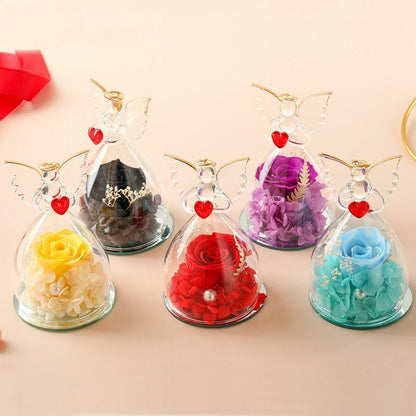 Real Rose Angel In Glass Dome Preserved Flowers Wedding Birthday Gifts 2.9 x4.3"