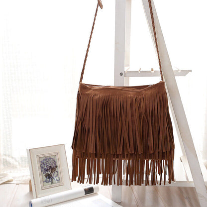 Tassel Crossbody Shoulder Bag Outdoor Travel Bag Suede Fabric Leather Women