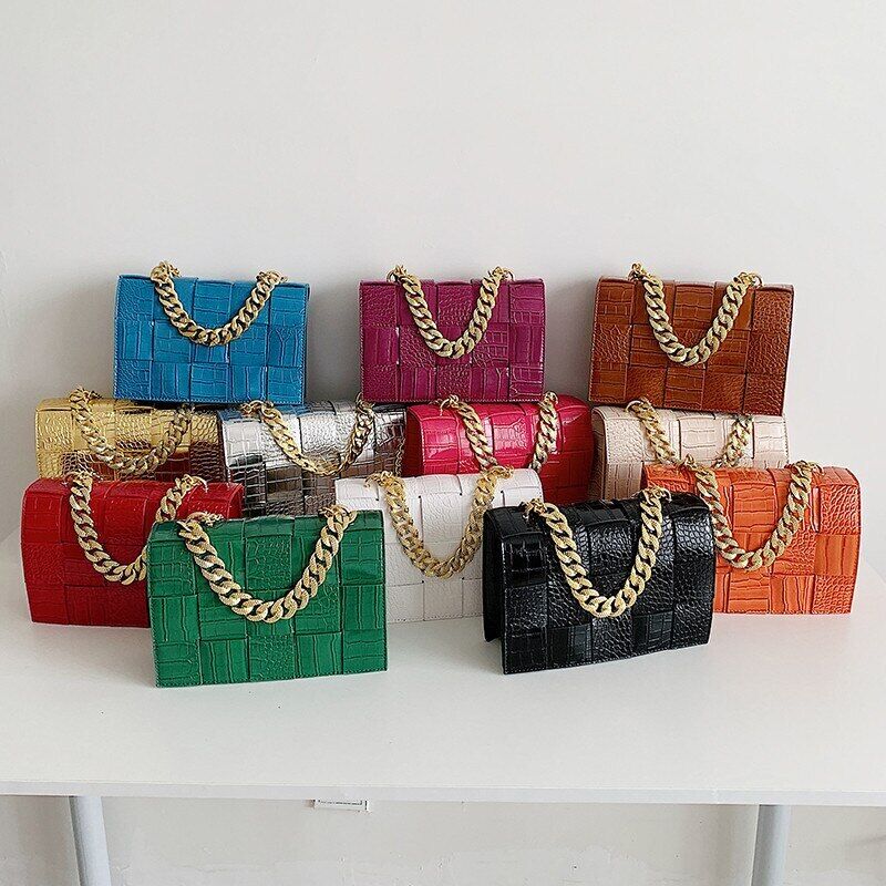 Pattern Pu Leather Bag Women Gold Chain Woven Square Bag Evening Party Clutch