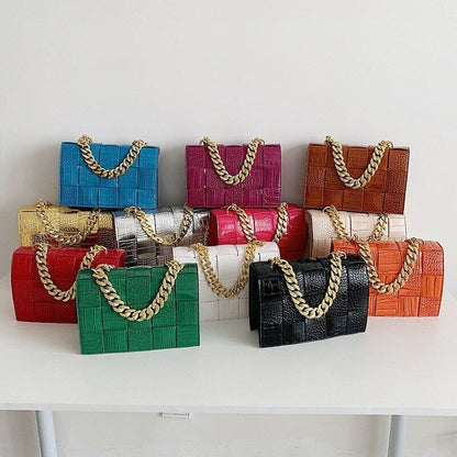 Pattern Pu Leather Bag Women Gold Chain Woven Square Bag Evening Party Clutch
