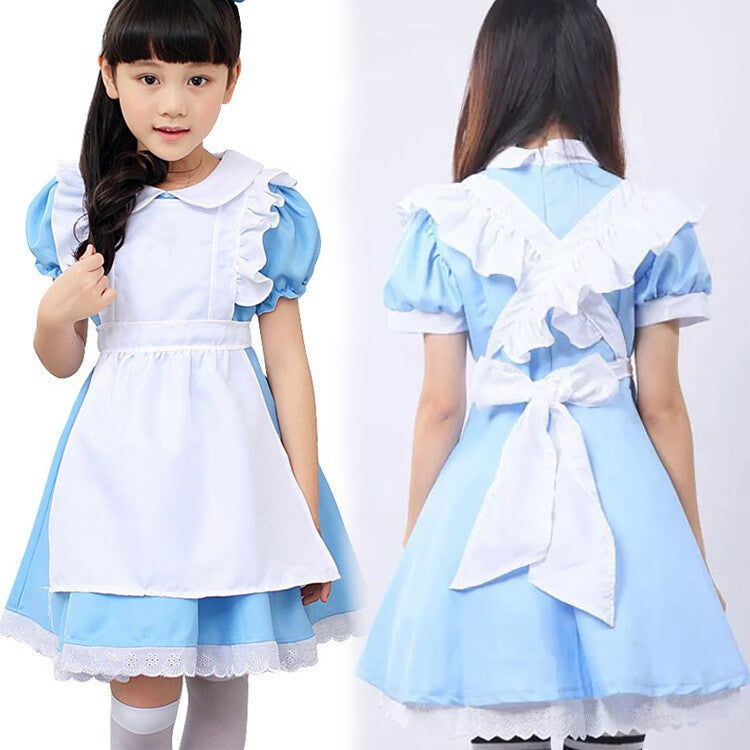 Alice in Wonderland Costume Waitress Uniform Maid Blue Dress Halloween Cosplay