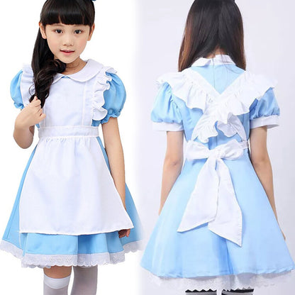 Alice in Wonderland Costume Waitress Uniform Maid Blue Dress Halloween Cosplay