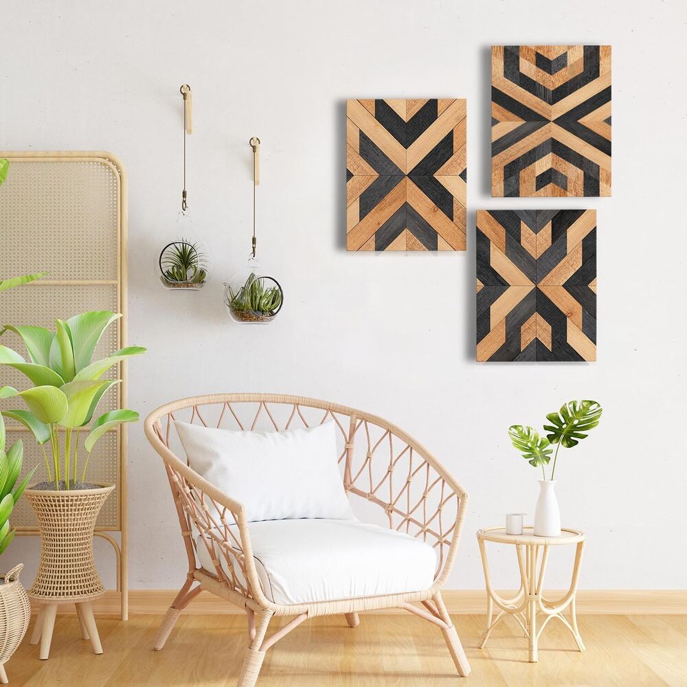 Wall Art Wood Grain Canvas Aztec Boho Framed Home Office Decoration Set of 3