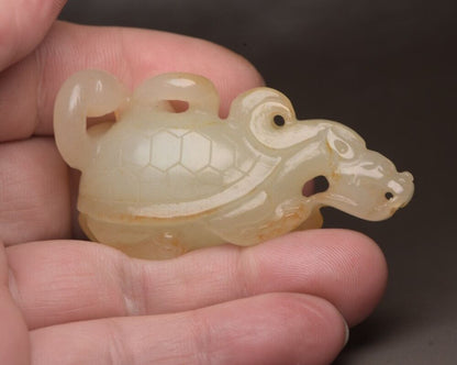 Top Chinese Natural Hetian Jade Carved Exquisite Dragon Turtle Statue Collection