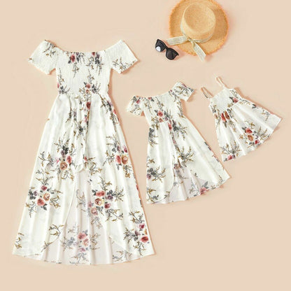 Matching Maxi Rompers Dresses Summer Floral Print White Mommy Me Elastic Waist
