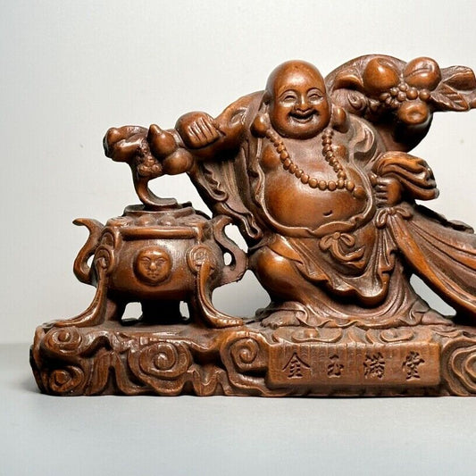 Vintage Chinese Wooden Carving Laughing Buddha Statue Home Decor Wood Figurines